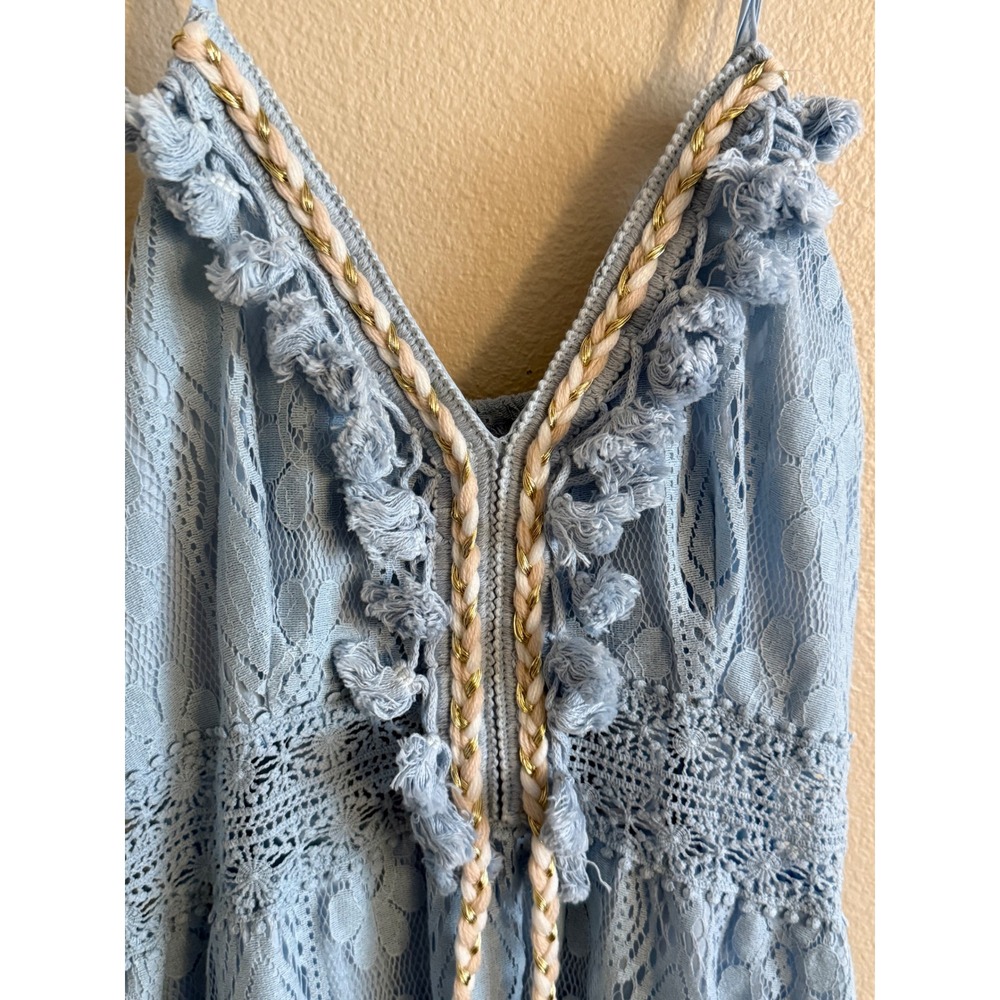 Cupshe Womens Light Blue Floral Lace Maxi Dress Boho Pom Pom Ties Size M NEW - Picture 2 of 7